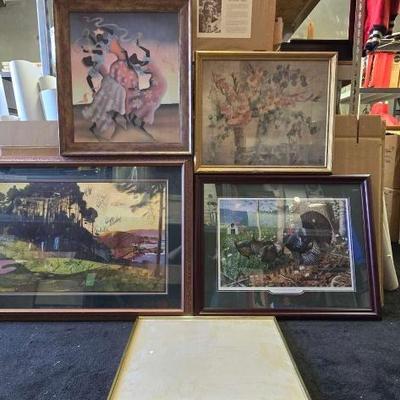#10668 • (4) Paintings (1) Empty Frame
