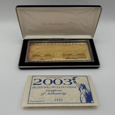 #3000 • 2003 Billion Dollar .999 Pure Silver Layered in Pure 24kt Gold Bar, 4ozt
