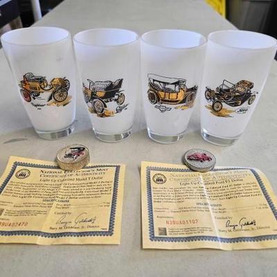 #1932 • 4 Early Model Vehicle Cups and Light up Colorized Model T Dollar and Light up Colorized F1 Dollar
