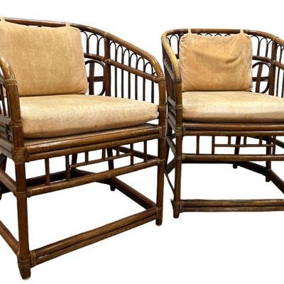 Mid Century Bamboo, Velvet Barrel Chairs, Pair