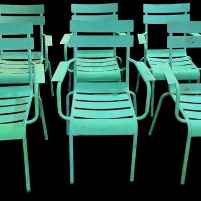 et (6) Green Metal Garden Chairs, Art Deco Style