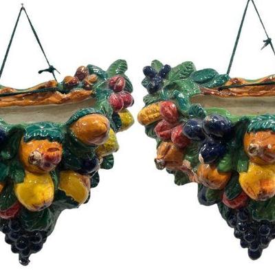 Two Majolica Style Fruit Basket Wall Pockets, ITALY