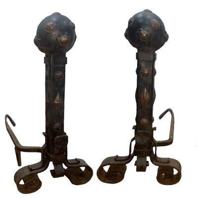 Art Nouveau Jeweled Fireplace Andirons