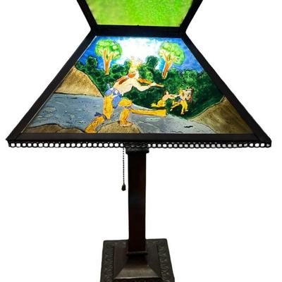 Arts and Crafts Reverse Painted Stained Glass Lamp, Native American Motif