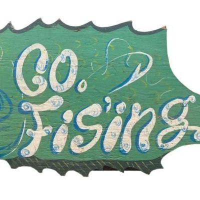 Folk Art Hand Painted Bait Shop Advertisement, "Go Fishing"