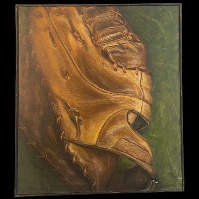 Vintage Oil Painting Baseball Mitt Signed