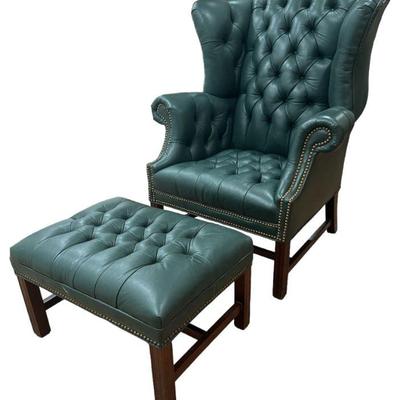 Green Leather Chesterfield Chair & Ottoman, OLD HICKORY TANNERY