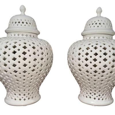 White Lattice Ginger Jars, Pair