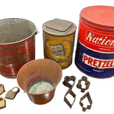 Collection Vintage Advertising Tins, Copper Planter, Locks, Cookie Cutters