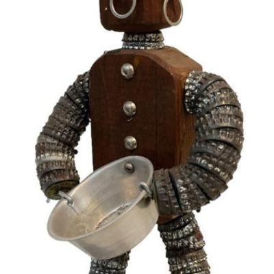 Folk Art Bottle Cap, Wood Robot Sculpture