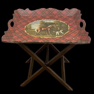 Tartan Plaid Horse & Dog Folding Bar Tray, Vintage