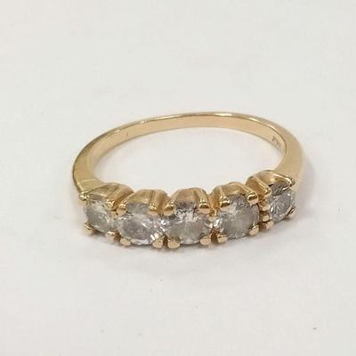 14K P (plum) YELLOW GOLD RING WITH ROW OF FIVE 4mm DIAMONDS