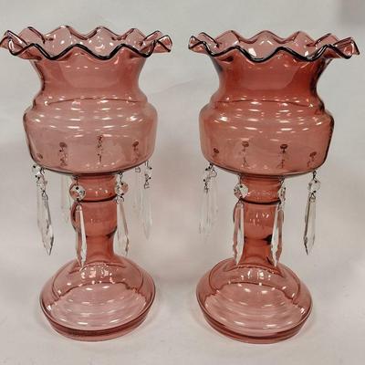 PAIR OF PINK GLASS LUSTERS WITH PRISMS