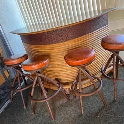 Boomerang Rattan Tiki Bar and Rattan Bar Stools