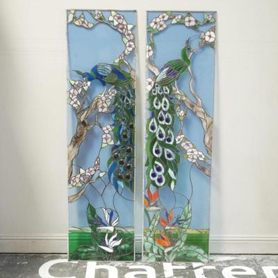 Pair Of Extra Large Stained Glass Panels Royal Peacock Design