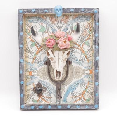 Framed Handmade Art Cow Skull w/ Flowers & Skull Decorated Frame