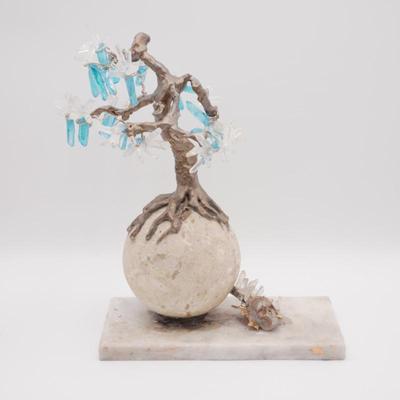 Wire Art Crystal Tree On Travertine Ball w/ Artist Sgnature