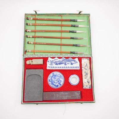 Large Chinese Calligraphy Set In Green Box