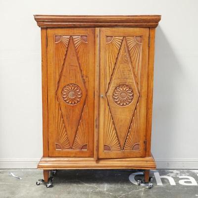 Indonesian Carved Teak Cabinet w/Diamonds & Radiating Motifs