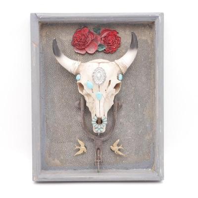 Framed Handmade Art Cow Skull w/ Roses & Birds Decorations
