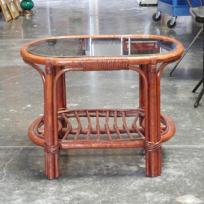 Vintage Oval Bamboo Coffee Table w/ Glass Top