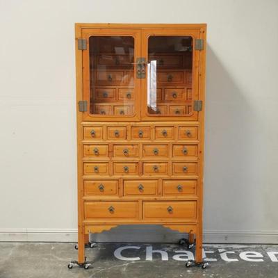 Unique Pine Wood Apothecary Display Cabinet w/Glass Doors & 32 Drawers