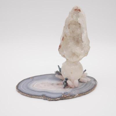 Handmade Art Piece Agate Polished Slice w/ Quartz & Agate Crystals Attached