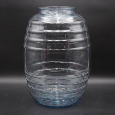 Large Clear Glass Barrel Shaped Jar