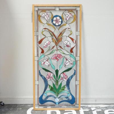 Vintage Extra Large Stained Glass Iris Floral Design w/ Artist Signature