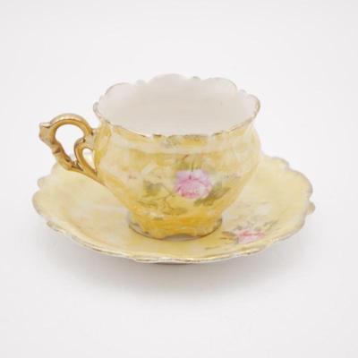 Yellow Fine China Floral Motif Teacup and Saucer