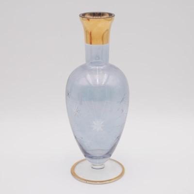 Vintage Starburst Cut Light Blue Glass Decanter w/ Gold Rim