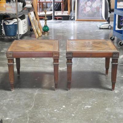 Pair Of Louis XVI Oak Parquet Side Tables w/ Hand Carved Legs