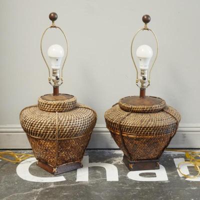 Pair Of Mid Century Southeast Asian Rattan Table Lamps w/ Square Wooden Base