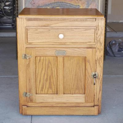 Antique White-Clad Oak Ice Box and Side Table with Pull-Out Tray