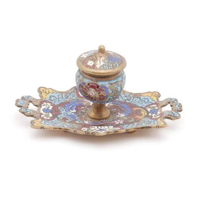 French Champleve Cloisonne Enameled Bronze Inkwell