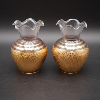 Vintage Ransgil Glass and Gold Floral Ruffled Vases (Lot of 2)