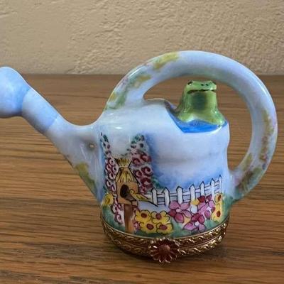 PPP154- Collectible Limoges France Porcelain Watering Can With Frog Trinket Box