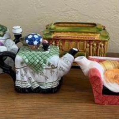 PPP158- Assorted Houston Harvest Decorative Ceramic Tea Pots & San Fransisco Trolley Napkin Holder 