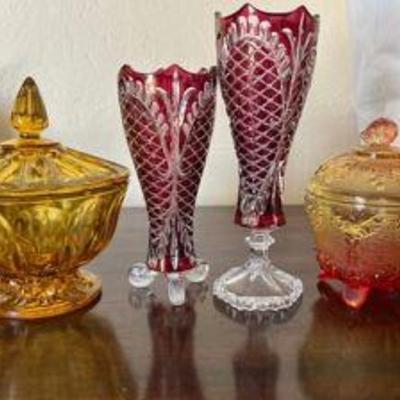 PPP128- 2 Red Ruby Cut Glass Bohemian Glasses & Footed Amberina Candy& Yellow Glass Candy Dish