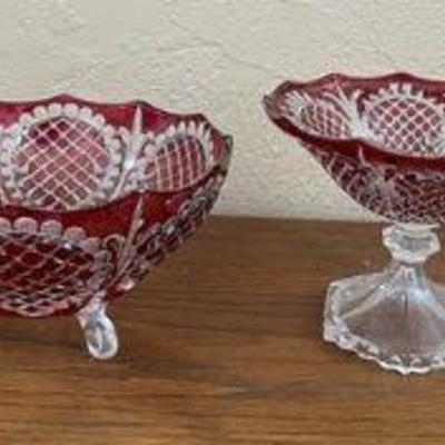 PPP197- (2) Stunning Ruby Red Bohemian Glass Serveware