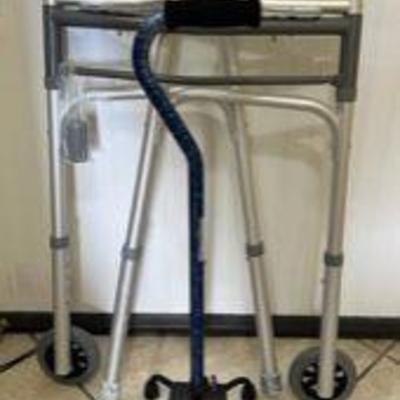 PPP226- Cardinal Health Foldable Walker & Blue Waves Quad Cane