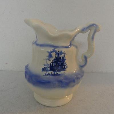 Vintage Ewer with Blue/White River/Harbor Scene - 11½" Tall