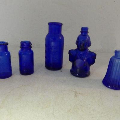 Vintage Cobalt Blue Bottles including Charles Jacquin et Cie Cordials George Washington Bottle - 5 in All