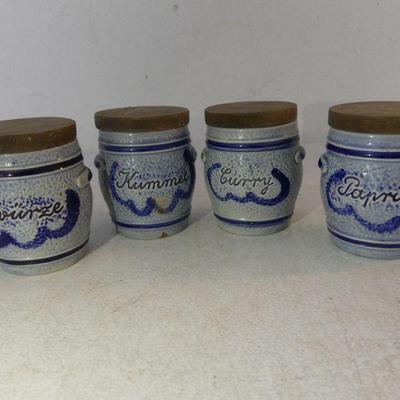 Vintage 1950s Marzi & Remy German Salt Glazed Pottery Set of 4 Spice Jars - Curry, Paprika, Caraway Seeds & Spices
