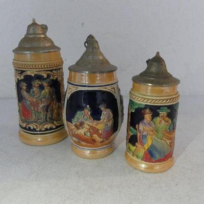 Vintage 1949-1991 West German Pewter Lidded Steins