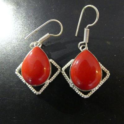Red Coral Dangle Earrings in Sterling Setting - TW 11.7g