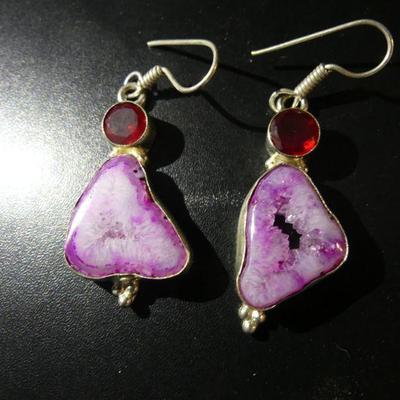 Druzy & Garnet Drop Earrings in Sterling Setting - TW 12.8g