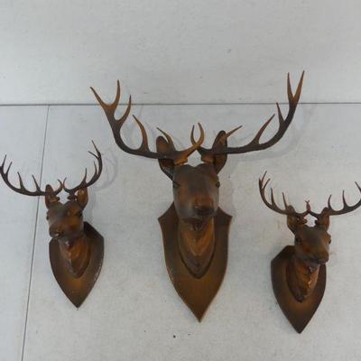 Vintage Set of 3 Hand Carved Stag Head Wall Hangings