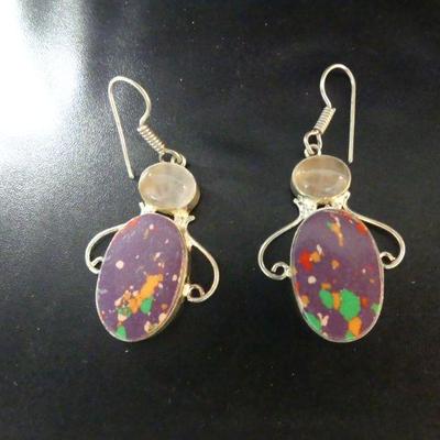 Mosaic Jasper Dangle Earrings in Sterling Setting - TW 14.3g