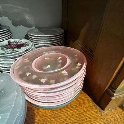 Pink flower pattern dishes on frosted glass set of 8